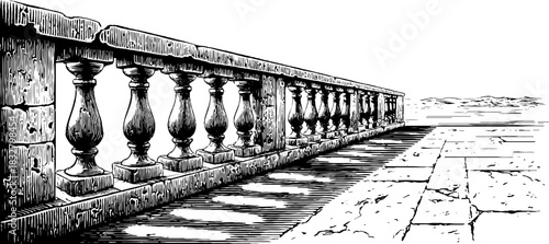 Ancient stone terrace with engraved decorative details and scenic horizon for retro design