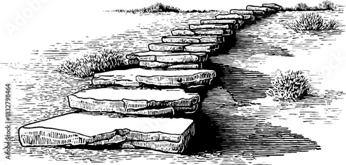 Engraved illustration of ancient stone pathway design for historical themes