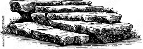 Ancient stone terrace in decorative engraved style for design and print projects
