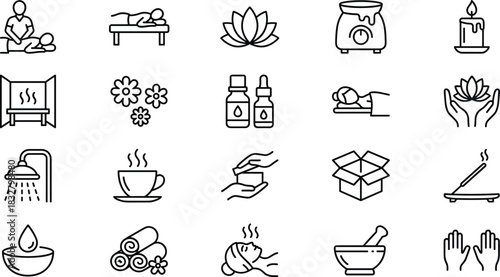Spa and Wellness Line Icon Set Massage, Aromatherapy, Relaxation, Beauty, Essential Oils, Steam Room, Bath, and Treatment Symbol Collection