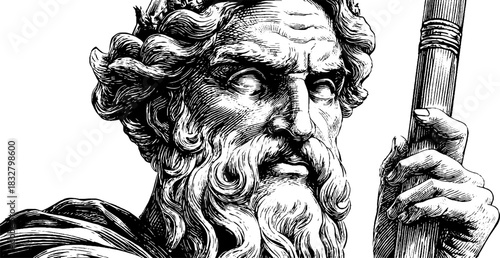 Engraved decorative elderly wise man illustration for retro design and art projects