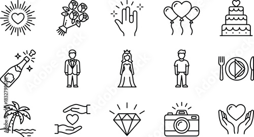 Wedding and Marriage Outline Icon Set Love, Ceremony, Engagement Ring, Bride, Groom, Heart, Cake, and Honeymoon Travel Symbol Collection