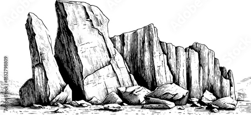 Engraved decorative illustration of jagged cliff monoliths in retro style for design