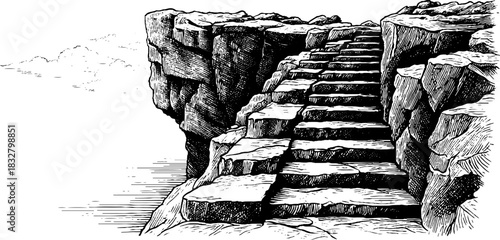 Engraved illustration of a rugged staircase on rocky cliffs
