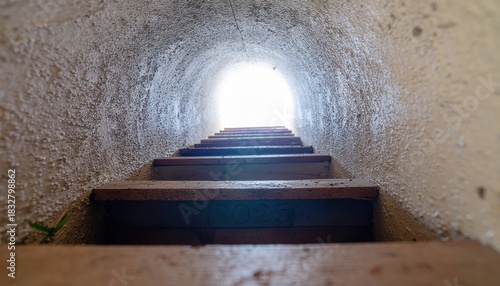 Stairway ascending through a tunnel towards bright light