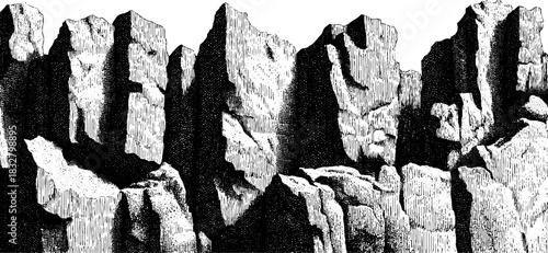 Vintage engraving of rugged stone cliff pillar for artistic design