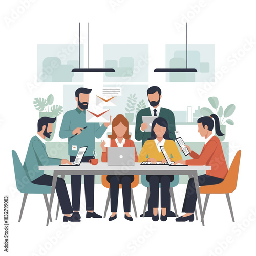 Team members collaborating on a project during a meeting in the office.