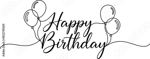 Elegant happy birthday script with balloons in a minimalist line art style