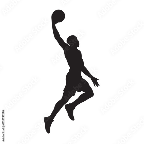 Basketball player silhouette dunking on white background