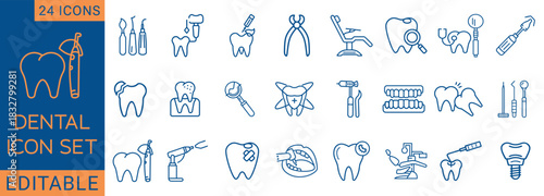 A clean minimalist dental line icon set featuring 24 editable dentistry symbols including tooth, dental tools, hygiene, implants, fillings, and oral care elements. Perfect for medical apps.