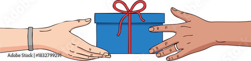 Hands exchanging a blue gift box with a red ribbon.