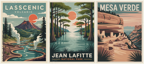 Retro-style poster set featuring Lassen Volcanic, Jean Lafitte, and Mesa Verde national parks with stylized landscapes, bold typography, and a limited teal, orange, brown, and green palette