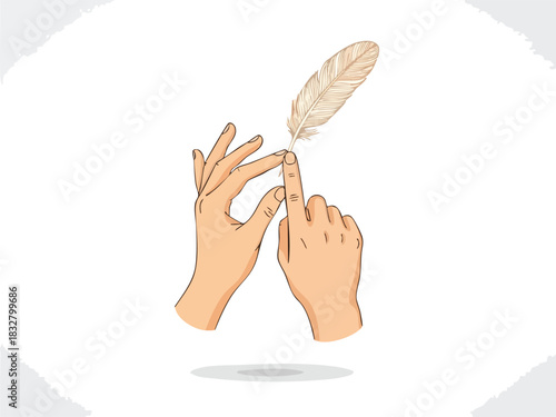 Gentle Touch: Feather Balancing on Fingertip Illustration.