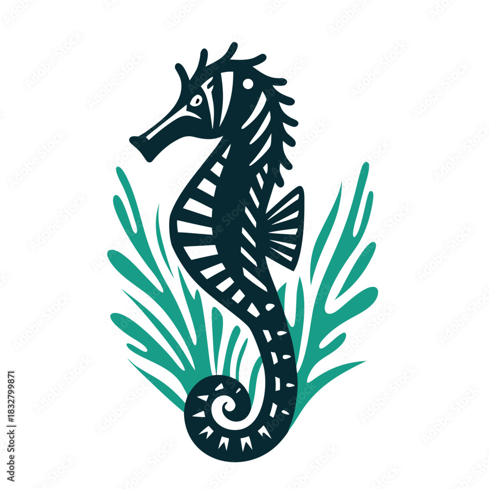 Fototapeta premium Stylized Seahorse Graphic Icon in Teal and Black