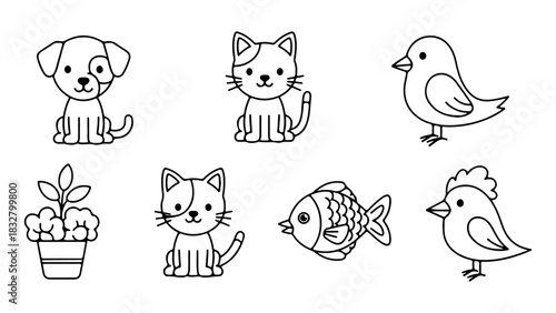 Cute Minimalist Flat Line Art Animal and Plant Vector Illustrations