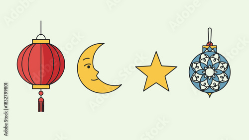 Flat Vector Collection of Festive Lantern, Celestial Moon, Star, and Ornament