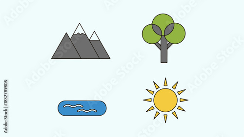 Simple Flat Vector Icons of Natural Elements on a Pale Blue Background