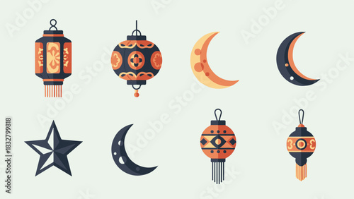 Orange Blue Flat Vector Lanterns Moons Star Decorative Elements