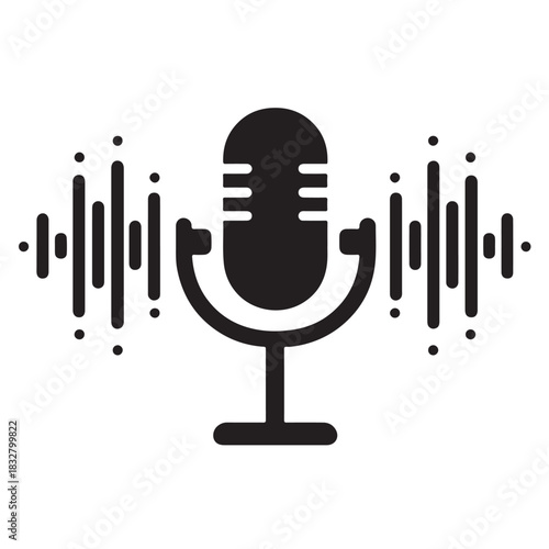 Black microphone and sound wave dots and bars audio
