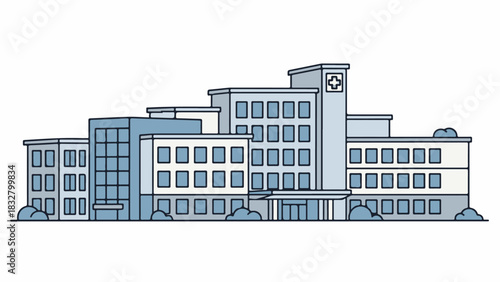Clean Flat Vector Hospital Building Illustration with Blue and Grey Tones