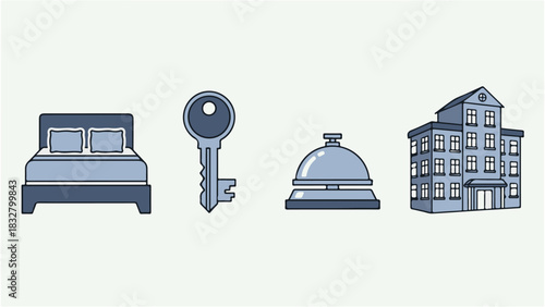 Flat Vector Outlined Hotel and Hospitality Icons Set in Blue