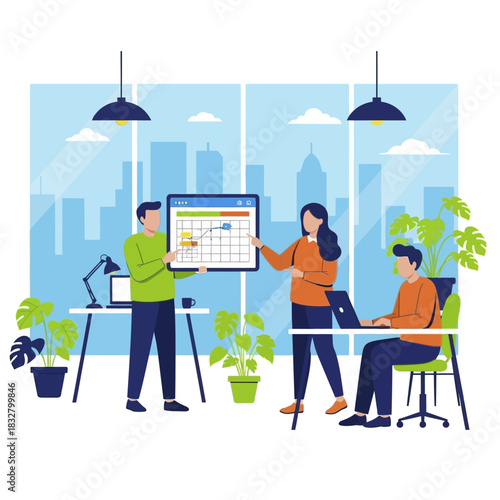 Team members collaborating on project planning using a digital calendar in the office.