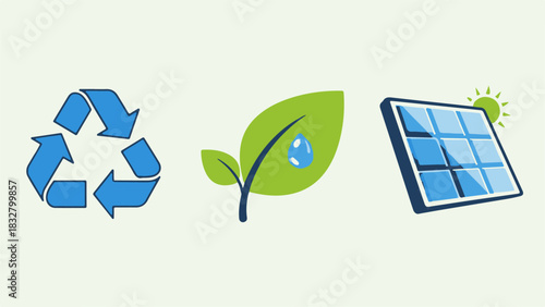 Flat vector sustainability icons featuring recycle, plant, solar panel