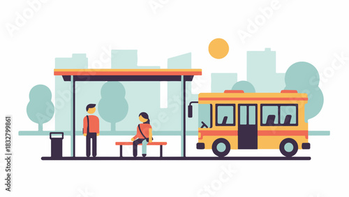 Flat Vector City Bus Stop Scene with Minimalist Figures and Urban Background