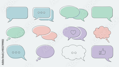 Soft Pastel Chat Bubbles with Sketchy Outlines Vector Set