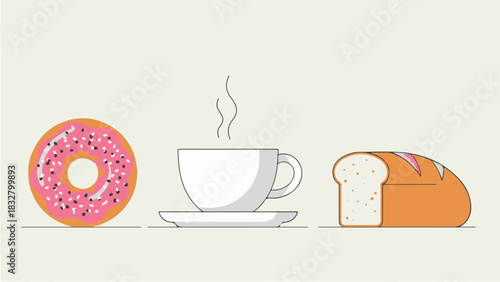 Flat Vector Breakfast Food Illustration with Donut Coffee and Bread