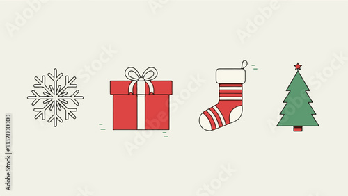 Flat Vector Christmas Holiday Icons Collection with Red and Green