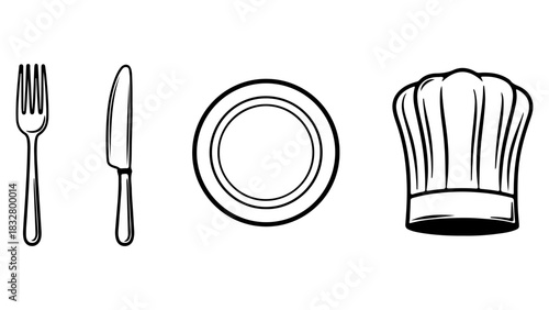 Minimalist Culinary Icons in Monochrome Line Art Style