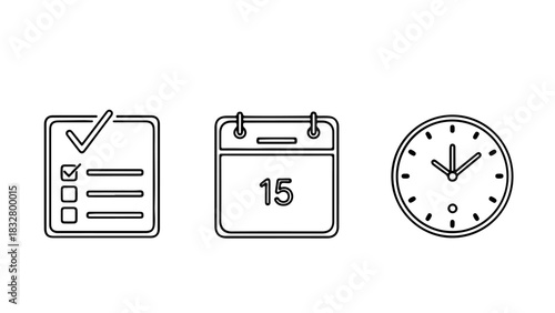 Monochromatic Line Art Outline Vector Icons of Tasks Calendar Clock