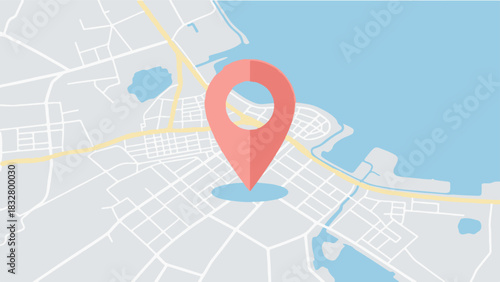 Flat Vector Map Illustration with Red Location Pin and Urban Layout