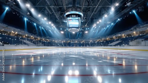 Ice Arena's Spotlight: An empty ice rink under the dramatic spotlight, ready for the upcoming event and tournament, with the lights creating a radiant and cool ambiance.