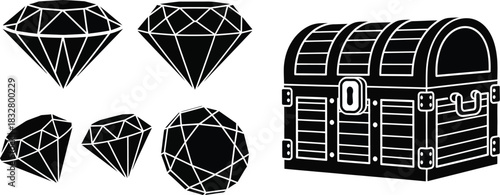 Black and white treasure chest and diamond gemstone outlines for design
