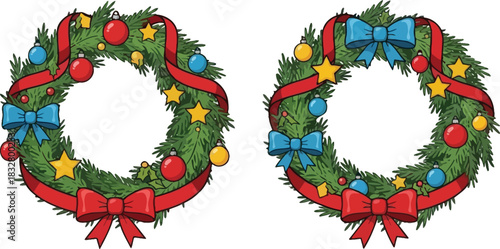 Festive christmas wreaths with ornaments and bows hand drawn style illustration