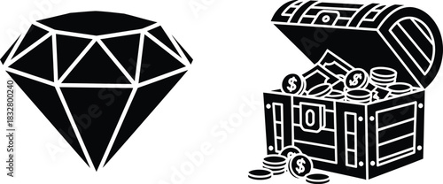 Diamond and treasure chest illustration in black and white outline style