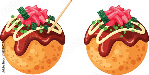 Two takoyaki balls with toppings on a white background