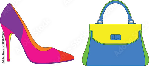 Fashionable high heel shoe and handbag in vibrant pop art style