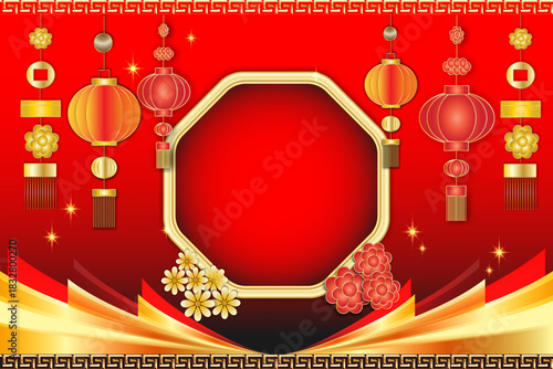 Happy Chinese New Year, Chinese New Year banner with geometric octagon shape for product display, greeting card, Chinese photo frame with lantern and auspicious coins on luxury red background.