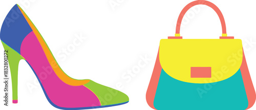 Colorful high heel shoe and handbag fashion accessories isolated on white