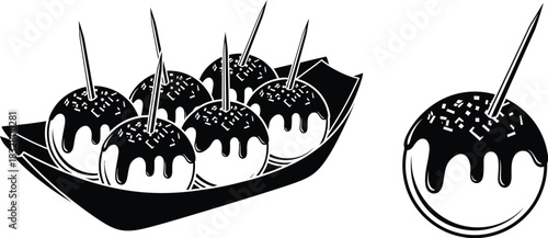 Black and white sketch of chocolate covered apples on a tray