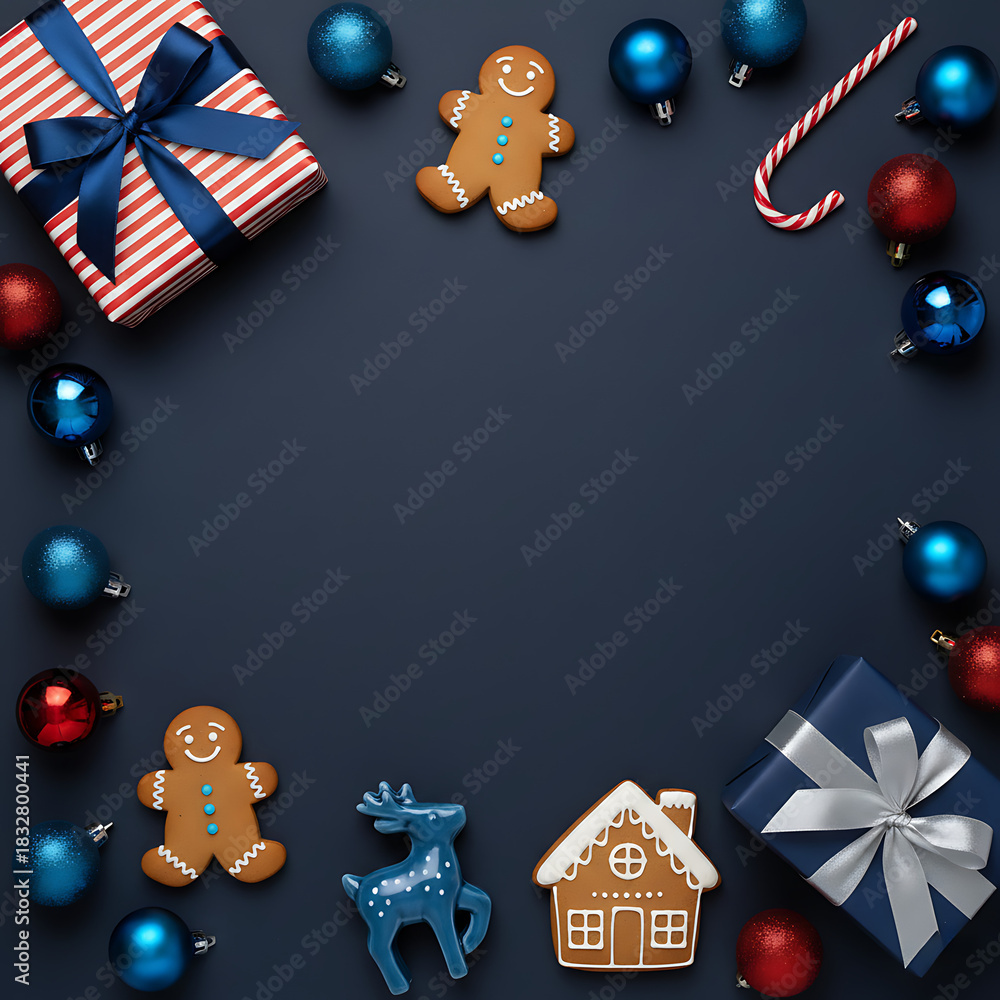 Fototapeta premium Christmas flat lay with gingerbread cookie, gift box, and ornament