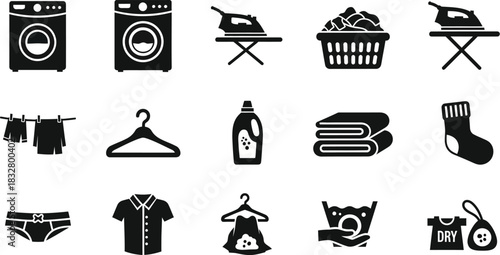 Laundry and ironing icons set in black and white style