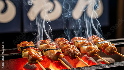 Fototapeta Naklejka Na Ścianę i Meble -  Delicious Japanese Yakitori Skewers Grilling Over Hot Coals with Smoke.