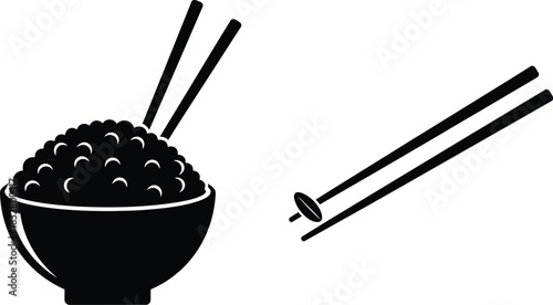 Rice bowl with chopsticks black and white asian cuisine icon