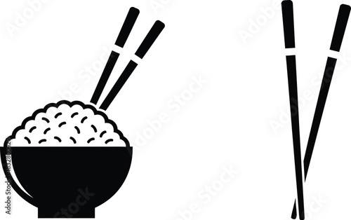 Rice bowl and chopsticks simple black and white vector illustration