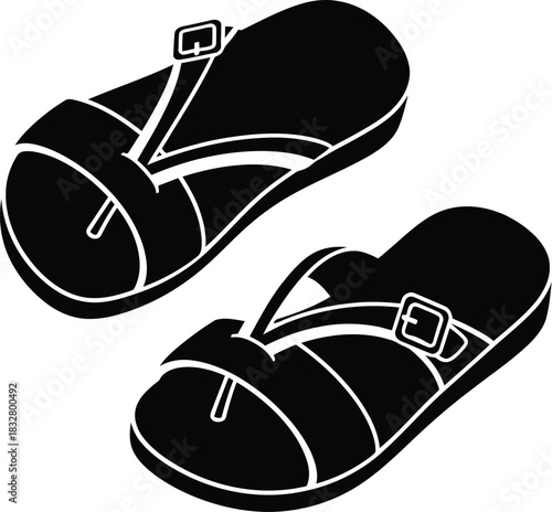 Pair of black sandals illustration on white background for summer fashion
