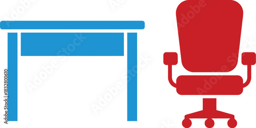 Office furniture illustration blue desk and red ergonomic chair on white background